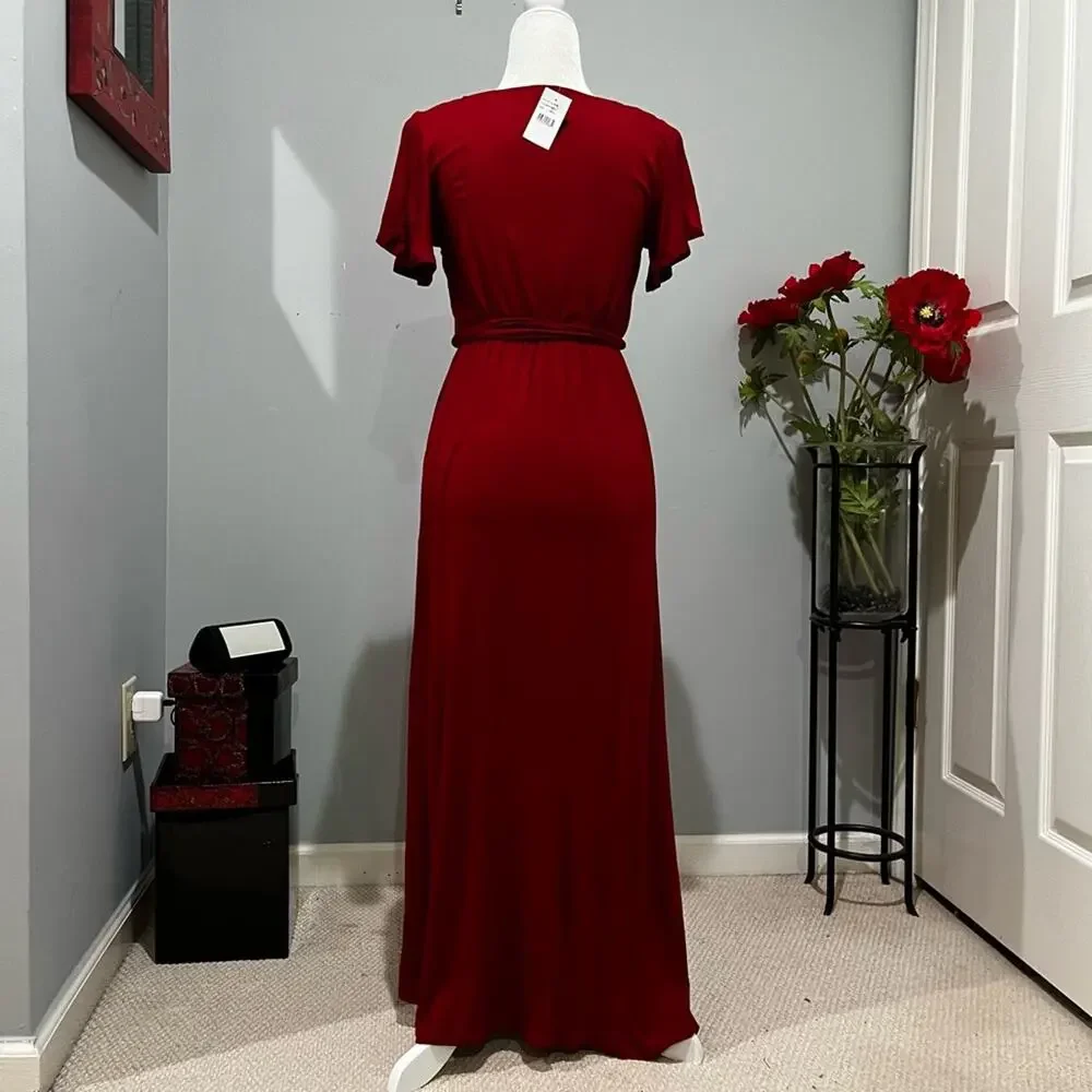 NEW West Kei Modal Jersey Flutter Sleeve Cascading High Low Belted Maxi Dress XS